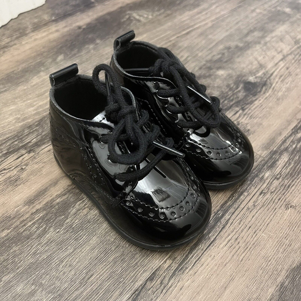 Baby Oxford Shoes- Black Shiny Baby Boy Girl Dress Shoes- SZ 19 (1) (6-12m)